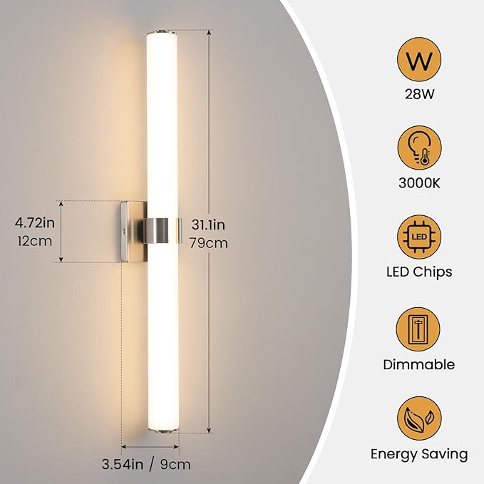 Bathroom Vanity Light Fixtures 31IN Brushed Nickel Bathroom Lights Over Mirror - Image 6