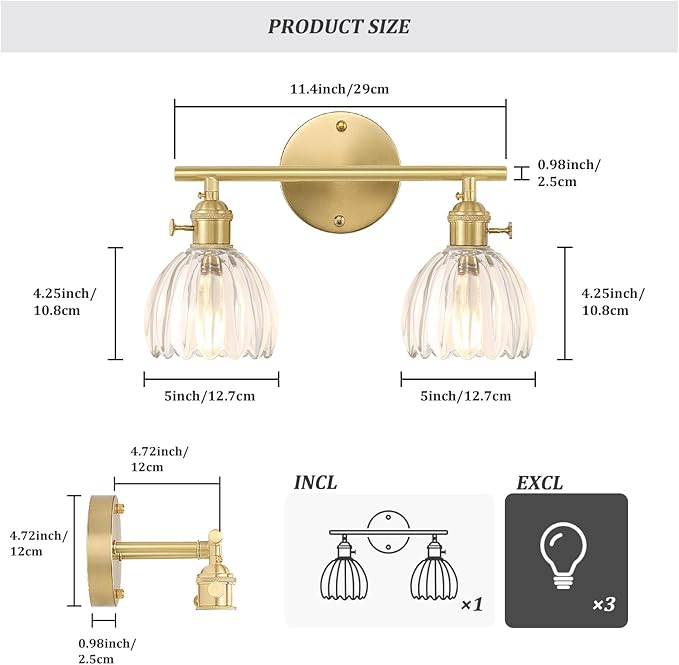 Bathroom Light Fixtures, 2-Light Brass Vanity Wall Light Over Mirror - Image 5