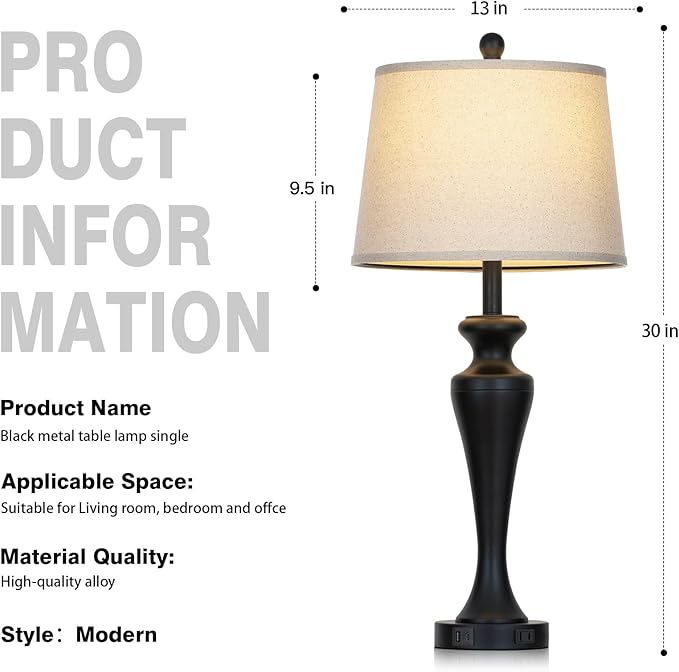 30 Inch Black Table Lamp Single, 3-Way Dimmable Touch Control Living Room Lamps - Image 7