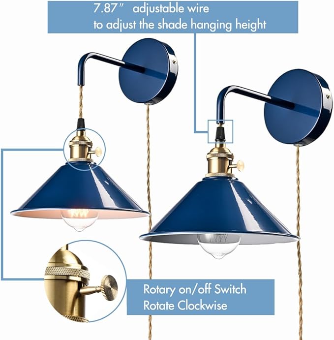 Plug-in Macaron Wall Sconce, Hanging Height-Adjustable Wall Lamp Set of Two - Image 3