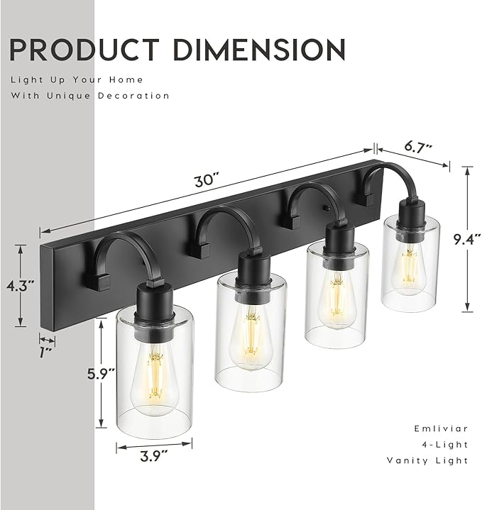 Emliviar Black Bathroom Vanity Light 4 Lights, Bath Lighting Over Mirror - Image 5