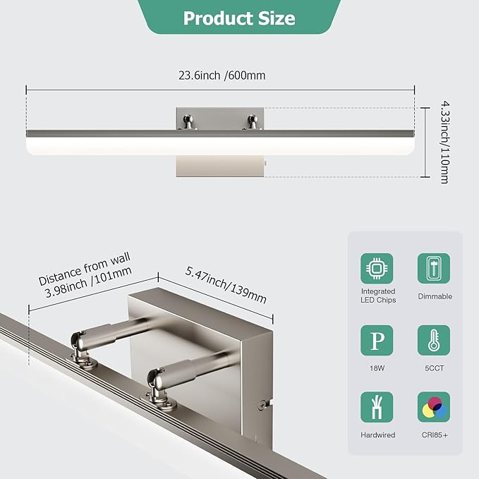 Brushed Nickel Vanity Light 24", 5CCT Dimmable LED Bathroom Light Bar, 18W Wall - Image 5