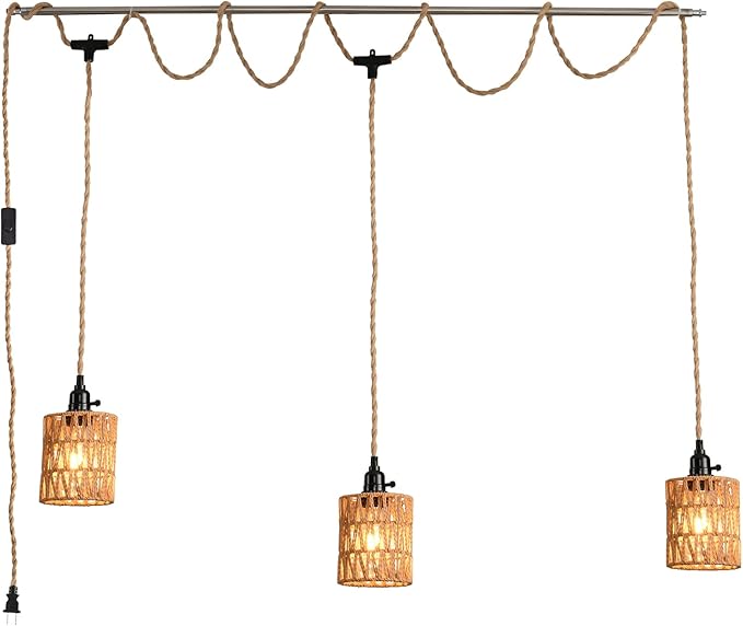 3-Light Hanging Light with Plug in Cord, Plug in Pendant Light 22ft Hemp Rope by KENMI