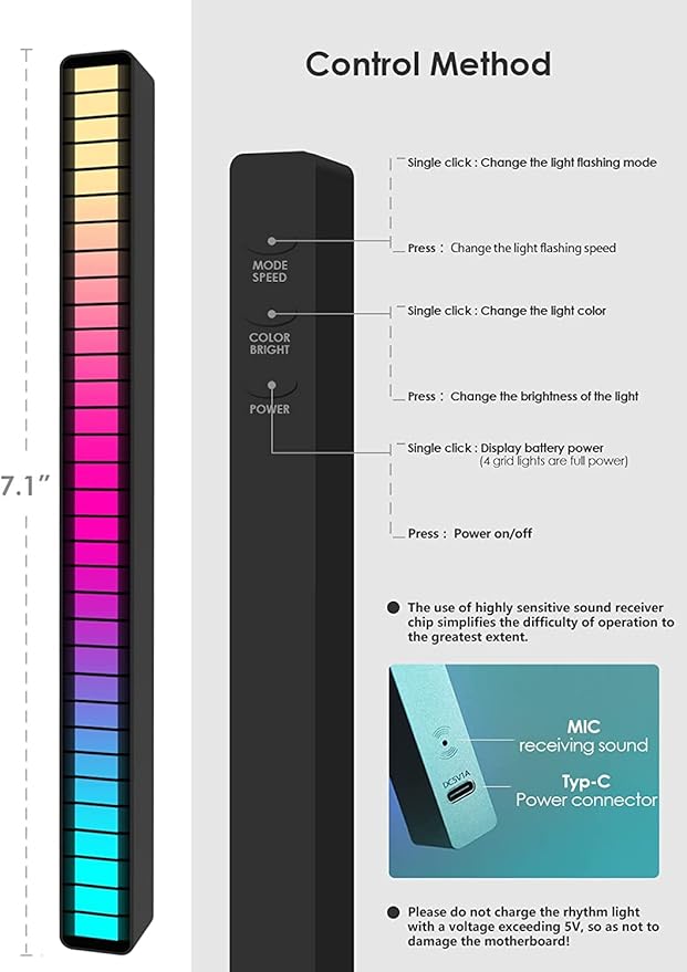 Soulpunk RGB Rechargeable Sound Control Light, Voice-Activated Pickup Music - Image 6