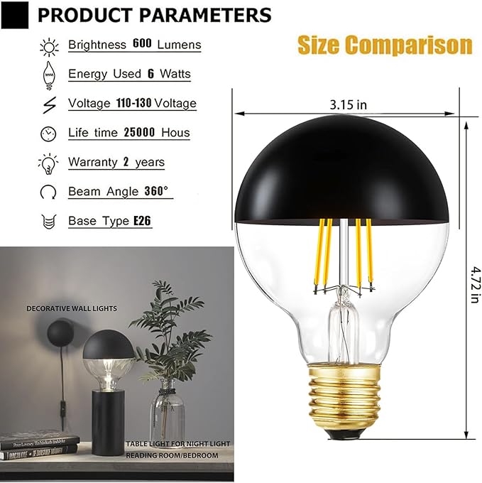 Leools Half Black LED Light Bulbs, Dimmable 6W Edison Bulbs, 4000K Daylight - Image 3