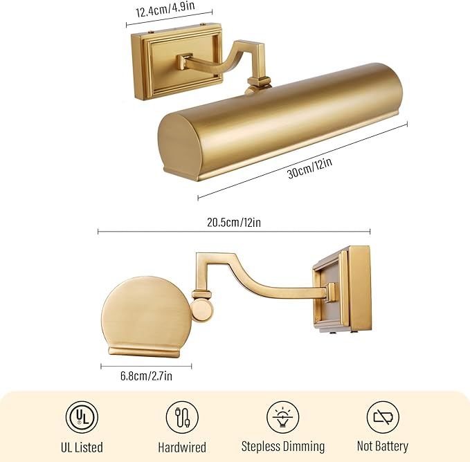 12in Brass Picture Light, 270° Rotatable Gold Wall Sconce Hardwired, 2-Light - Image 5