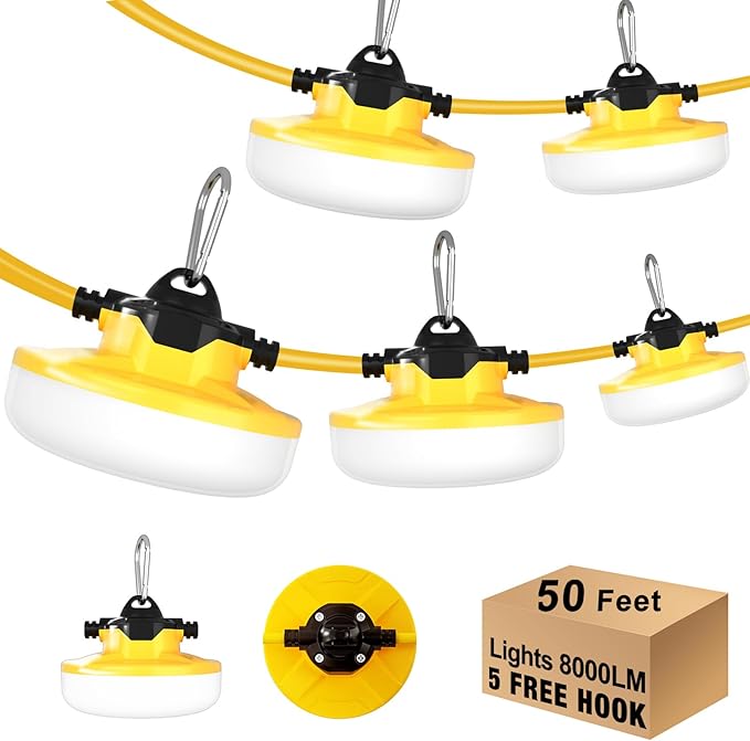 LED Construction String Light 50FT, 65W 8000Lm Industrial LED String Work Lights by JC-LGL