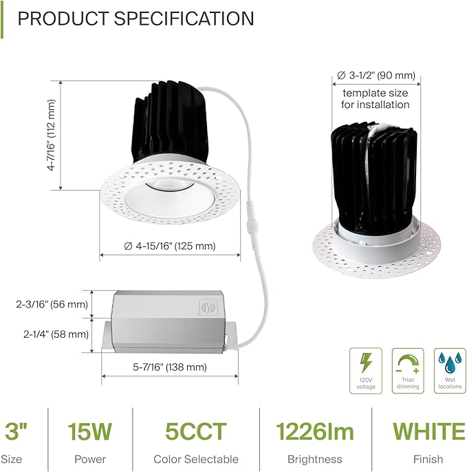 ASD Trimless 3 Inch LED Recessed Light, 15W 120V Triac Round Commercial - Image 2