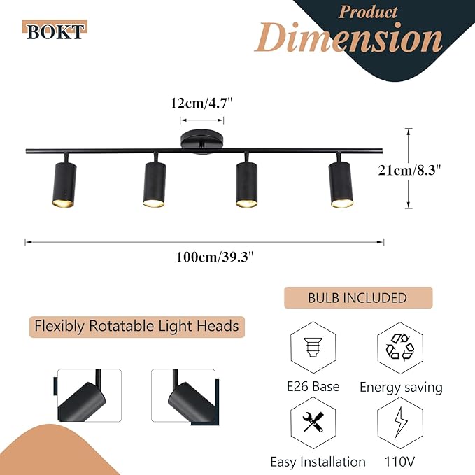 BOKT Matte Black Track Ceiling Light Modern 4-Lights LED Track Lighting Kit - Image 2