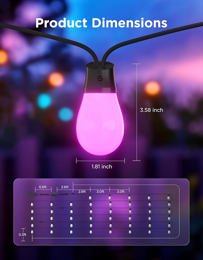 Govee S14 Bulb Outdoor String Lights 2, 144ft Smart RGBIC Warm White Patio - Image 8