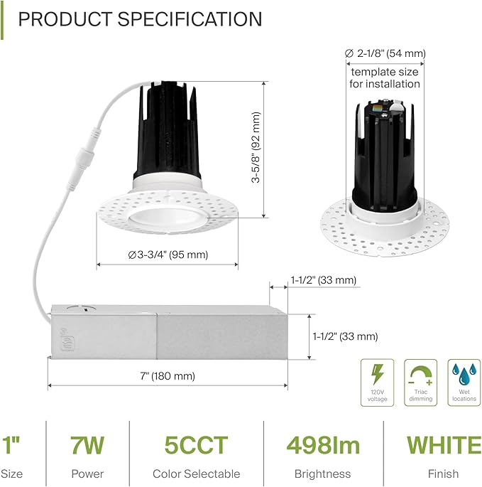 ASD Trimless 1 Inch Recessed LED Lights, 7W 120V Triac Round Commercial - Image 2