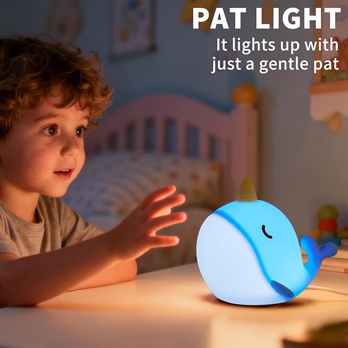Cute Narwhal Night Light, Tap Control & Color Changing, USB Kids Bed Lamp - Image 5