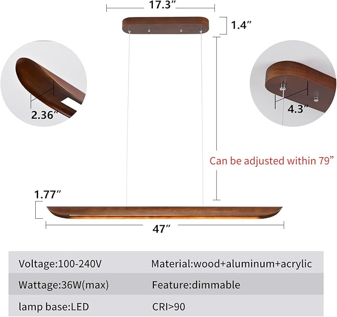 47" Wood Linear Pendant Light Modern Dimmable Kitchen Island Lighting - Image 2