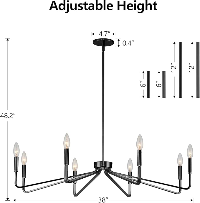38" Black Chandeliers for Dining Room, 8-Light Modern Farmhouse Candle Style - Image 6