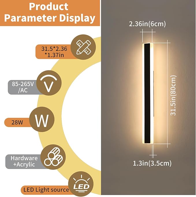 Outdoor Wall Light Fixture, 31.4inch Black Modern Linear Exterior Sconce - Image 4