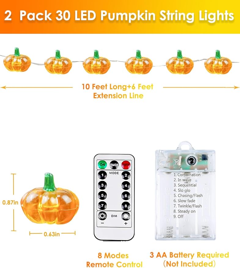 BOSSERN 2 Pack 60LED Thanksgiving Decoration 3D Pumpkin String Lights Battery - Image 2