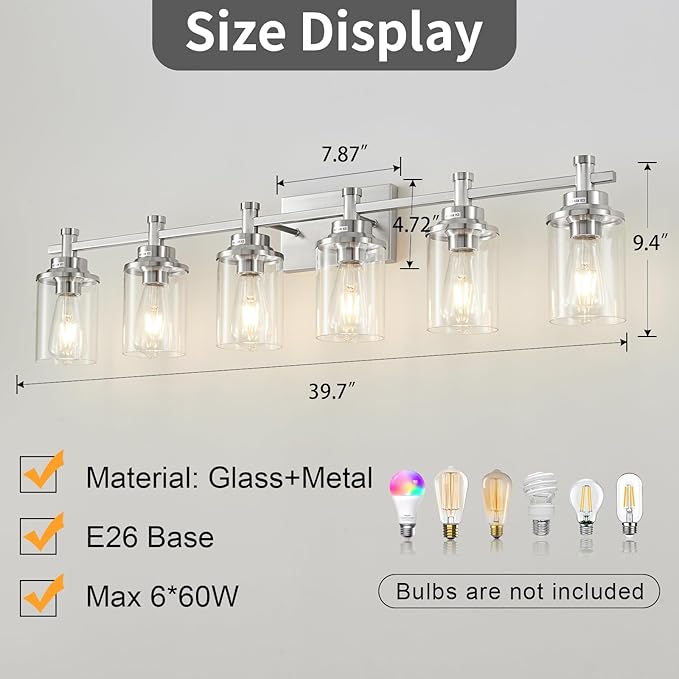 6-Light Bathroom Vanity Light, Brushed Nickel Bathroom Lights Fixtures Over - Image 4