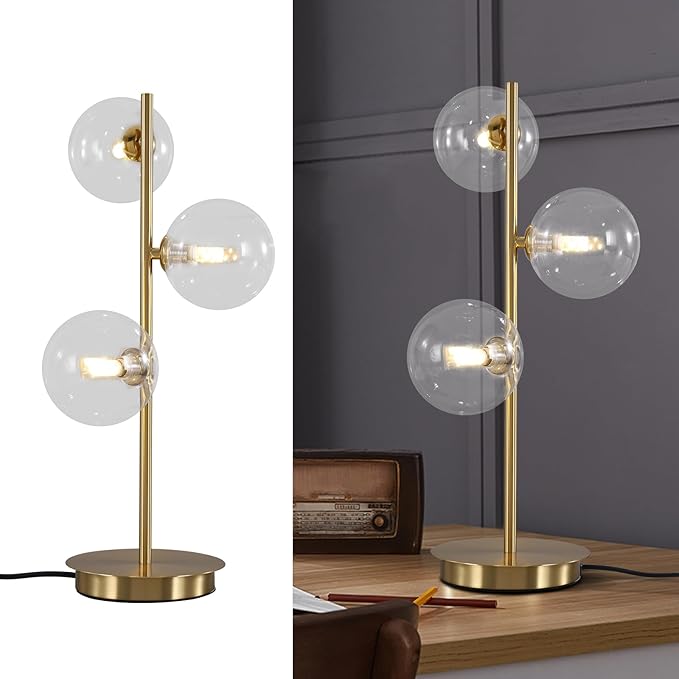 Mid Century Globe Table Lamp, Modern 3 Lights Gold Desk Lamp, Contemporary by Fulesi