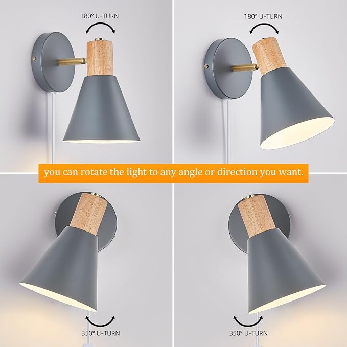Plug in Wall Sconces Lighting Fixture Pack of 2, Wooden Adjustable Bedside Wall - Image 7