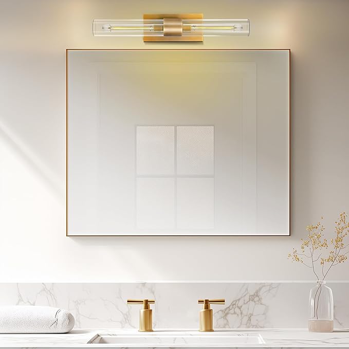 Brass Bathroom Vanity Wall Sconces, 2-Light Glass Tube Wall Sconces, 24 Inch - Image 9