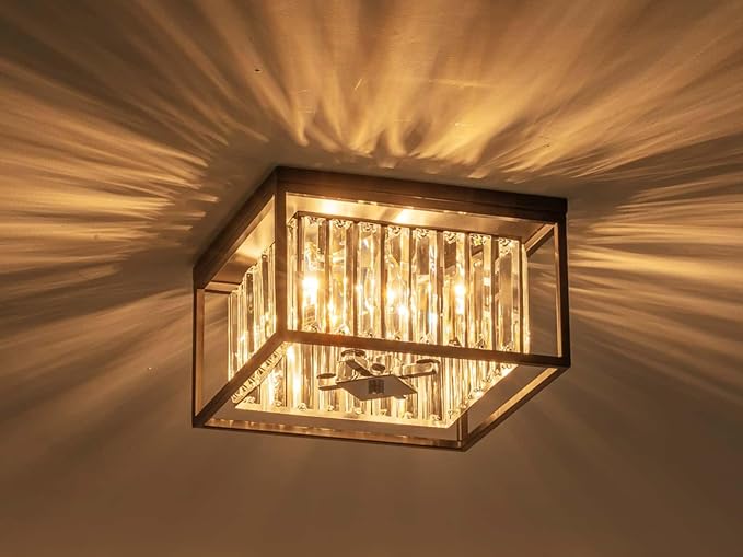 4-Lights K9 Crystal Ceiling Light, Close to Ceiling, 2-Tier Square Flushmount - Image 8