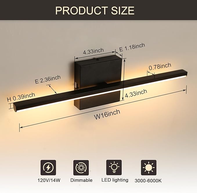 Modern Bathroom Vanity Light 16 Inch, 14W Black Bathroom Light Fixture Over - Image 3