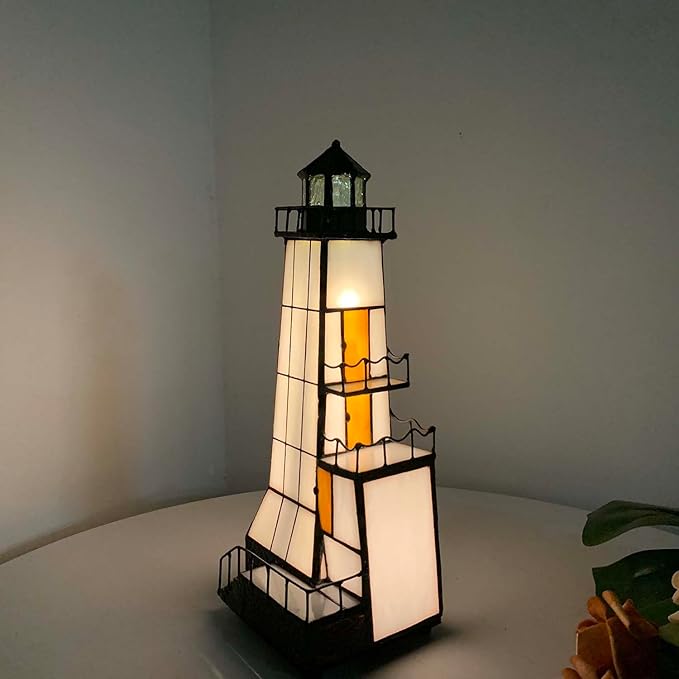 Bieye L10779 Lighthouse Tiffany Style Stained Glass Accent Table Lamp Night - Image 4