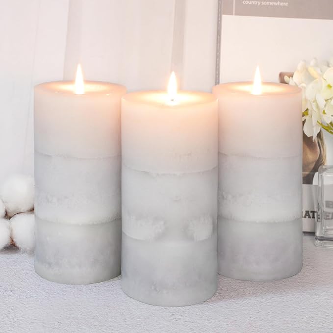 3x6 inch Pillar Candles Cozy Cotton Scented Set of 3 Gray White Layered Mottled - Image 7