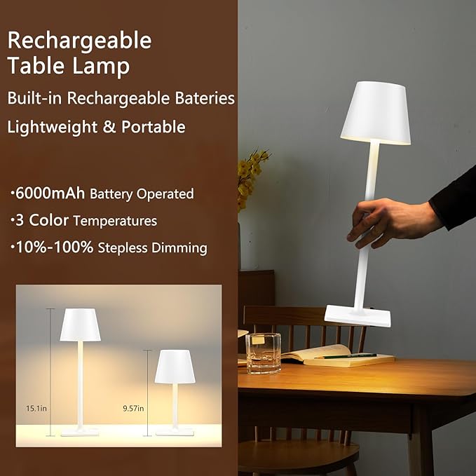 White Cordless Table Lamp Set of 2 - Image 2