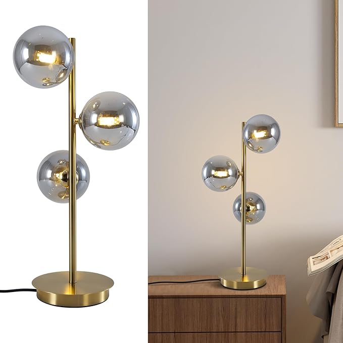 Mid Century Globe Table Lamp, Modern 3 Lights Gold Brass Desk Lamp, by Fulesi
