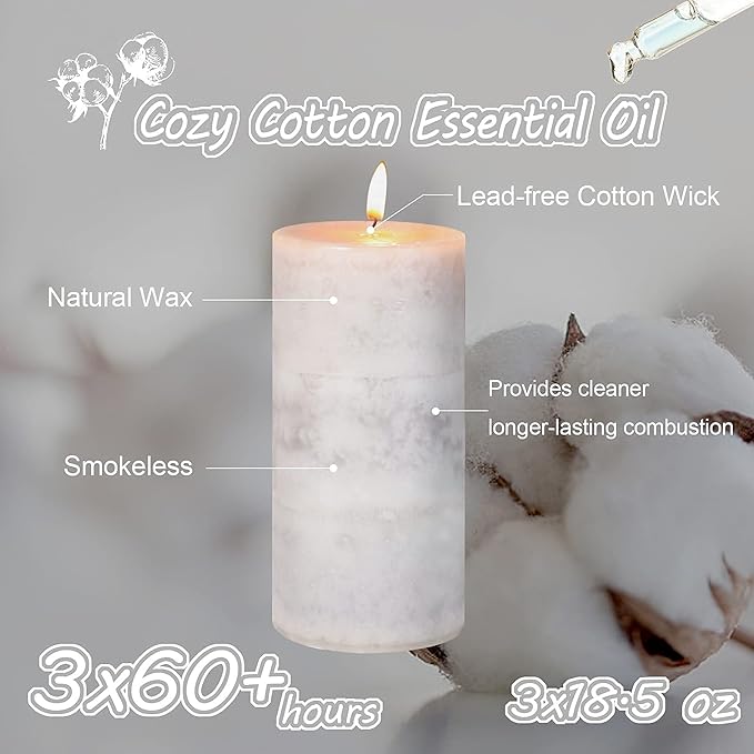 3x6 inch Pillar Candles Cozy Cotton Scented Set of 3 Gray White Layered Mottled - Image 2