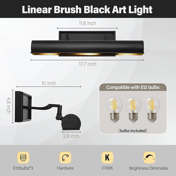 Black Hardwired Art Picture Light: 18 Inch Long Painting Lights - Image 3