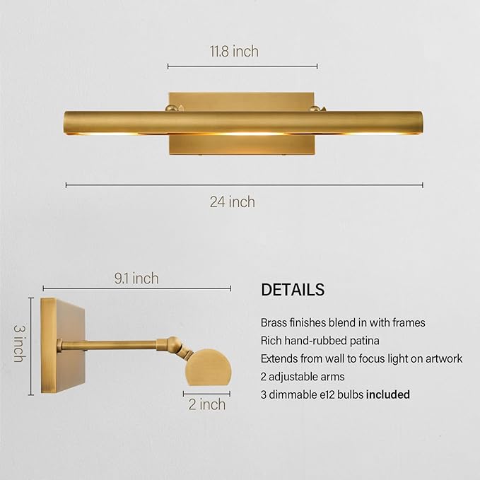 Brass Picture Light for Wall: 24-Inch Hardwired Dimmable Vintage Brushed Gold - Image 7