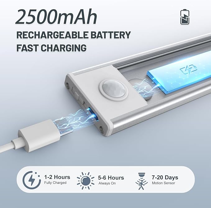6 Pack Under Cabinet Lighting Wireless, 50 LED Rechargeable Battery Motion - Image 4