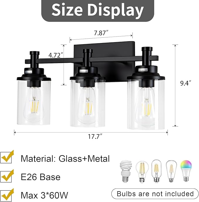 3 Light Bathroom Light Fixtures, Modern Black Vanity Lights Over Mirror - Image 5