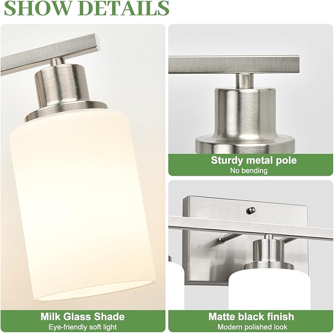 3-Light Bathroom Light Fixtures, Brushed Nickel Vanity Light - Image 3