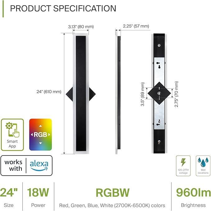 ASD LED 24" Long Wall Mount Light Fixture, Outdoor & Indoor Linear Sconce | RGBW - Image 2