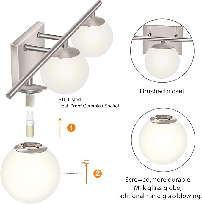 New Bathroom Vanity Light Fixtures 3 Lights Brushed Nickel Glass Shade Modern - Image 3