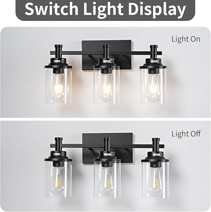3 Light Bathroom Light Fixtures, Modern Black Vanity Lights Over Mirror - Image 3