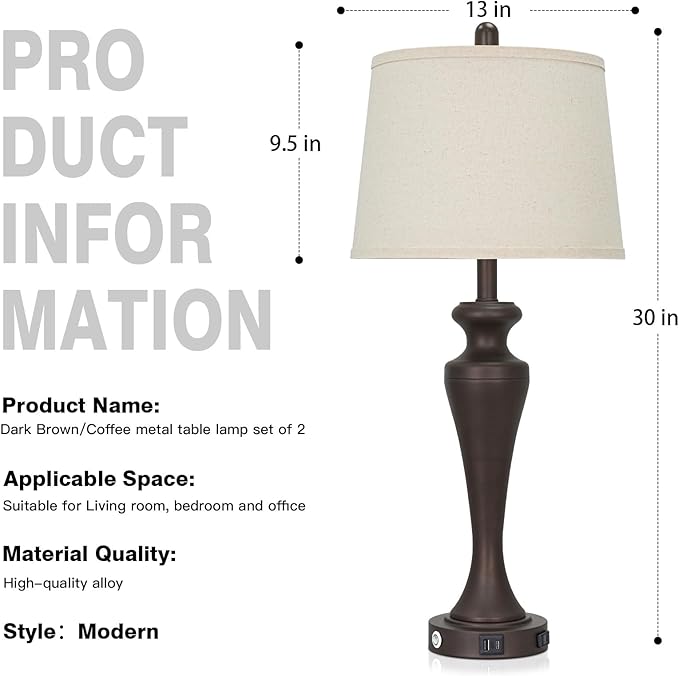 30" Brown Table Lamps Set of 2, 3-Way Touch Control Bedside Lamp - Image 7