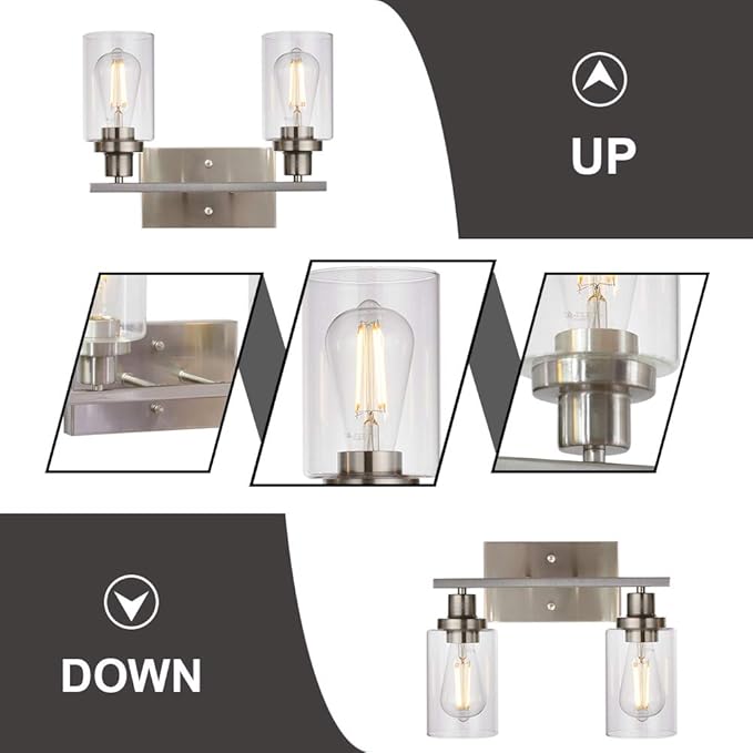 MELUCEE Metal Wall Lights with Clear Glass Shade 2 Heads Bathroom Light - Image 6