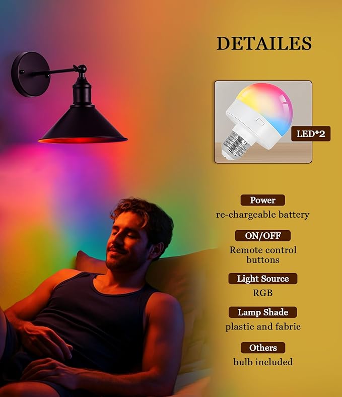 Rechargeable Battery Operated Wall Sconces Set of 2, RGB 15 Color Dimmable - Image 5