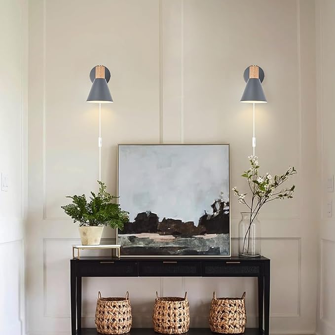 Plug in Wall Sconces Lighting Fixture Pack of 2, Wooden Adjustable Bedside Wall - Image 3