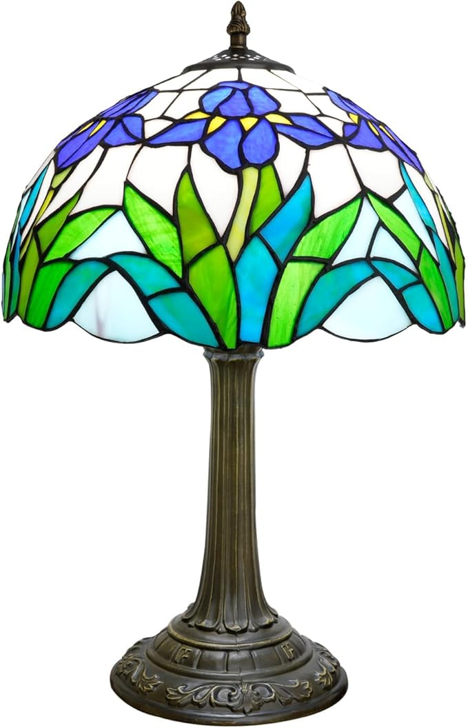Tiffany Lamp Rural Style Green Blue Iris Flower Stained Glass Lamps Reading - Image 2