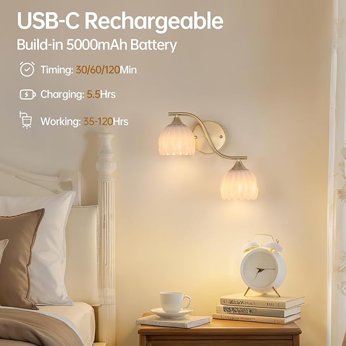 Battery Operated Wall Sconce, 2-Lights Vinatge Brass Wall Lighting - Image 7