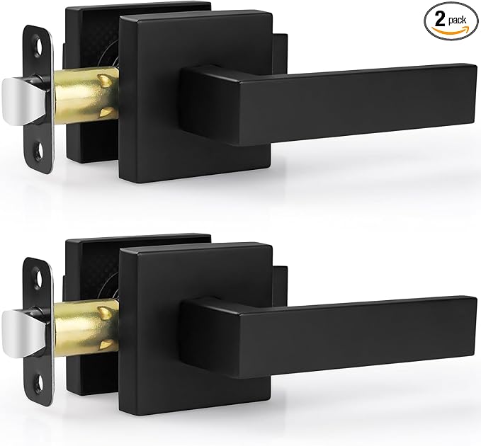 Estmoon 2 Pack Passage Door Levers, Matte Black Door Knobs Interior Square Door by ESTMOON