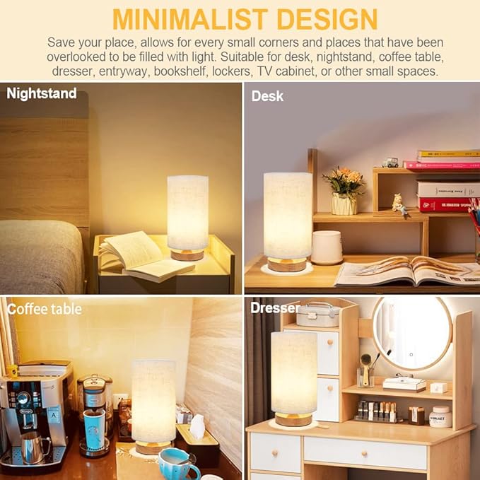 Small Bedside Table Lamp for Bedroom set of 2, Minimalist Wood Base & Round - Image 7