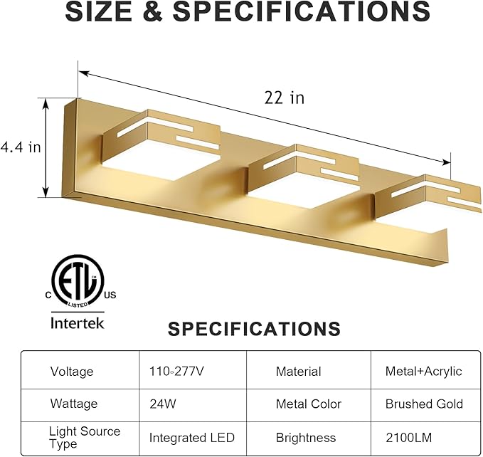 LED Modern Bathroom Vanity Light Fixtures, 3-Light 22-inch Dimmable Gold Vanity - Image 3