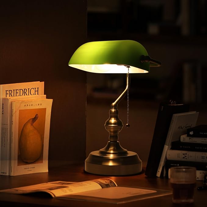 Green Glass Banker's Desk Lamp, Antique Banker Desk Lamps, Traditional Library - Image 4
