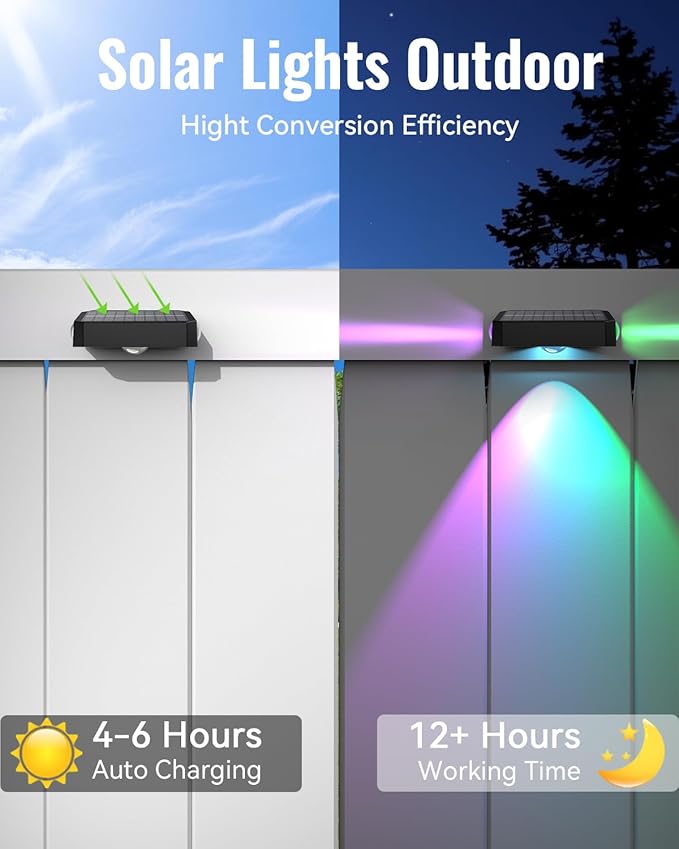 Solar Fence Lights Outdoor, 8 Pack 12 Mode RGB Color Changing & Warm/Cool White - Image 7